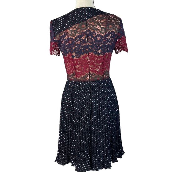 French Connection SZ 6 Phoebe Dress Mix-Lace Polka Dot Round Neck Pleated Mini - Picture 7 of 13